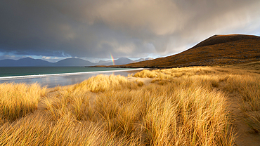 Luskentyre Beach with a rainbow in the background, Isle of Harris, Outer Hebrides, Scotland, United Kingdom, Europe