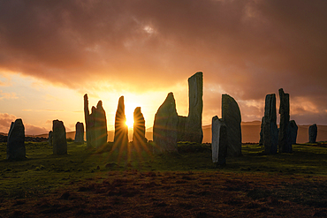 Sunset at the Callanish Standing Stones, Callanish, Isle of Lewis, Outer Hebrides, Scotland, United Kingdom, Europe