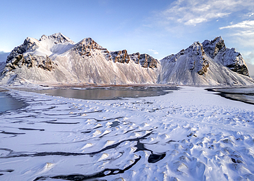 Aerial view of the mountains of Vestrahorn after snowfall, Stokksnes, South Iceland, Iceland, Polar Regions