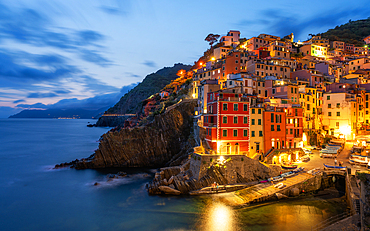 Riomaggiore at blue hour, Cinque Terre, La Spezia province in Liguria region, Italy, Europe