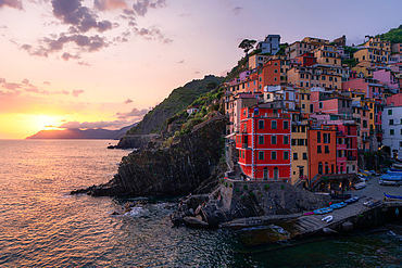Riomaggiore at sunset, Cinque Terre, La Spezia province in Liguria region, Italy, Europe