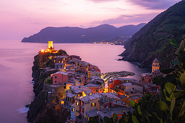Vernazza at sunset, Cinque Terre, La Spezia province in Liguria region, Italy, Europe