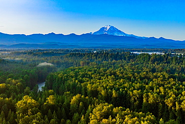 Aerial view of Mount Rainier at sunrise, Washington State, United States of America, North America