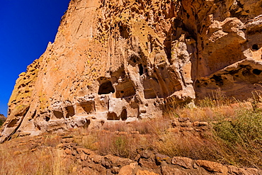 Cave dwellings on the Cliffside of Pueblo Indian Ruins in Bandelier National Monument, New Mexico, United States of America, North America