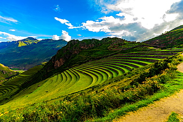 Beautiful terraces on the mountain side at Pisac, Peru, South America