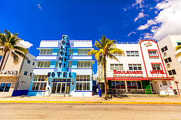 The usually packed Deco Drive in South Beach Miami lies empty during the COVID-19 virus pandemic, Miami, Florida, United States of America, North America