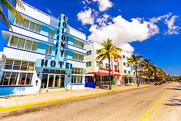 The usually packed Deco Drive in South Beach Miami lies empty during the COVID-19 virus pandemic, Miami, Florida, United States of America, North America