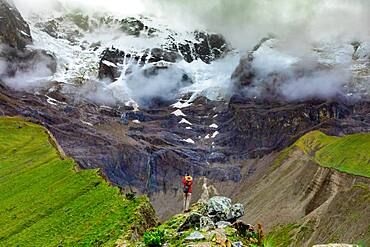 Two women trekking Humantay Lake, Cusco, Peru, South America