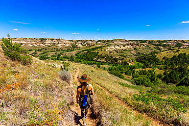 Woman hiking along The Petrified Forest Loop Trail inside Theodore Roosevelt National Park, North Dakota, United States of America, North America