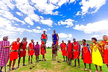 Maasai locals dancing, Maasai Mara, Kenya, East Africa, Africa