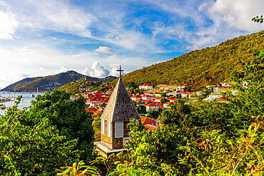 View of church and Gustavia from hill, Saint Barthelemy, Caribbean, Central America