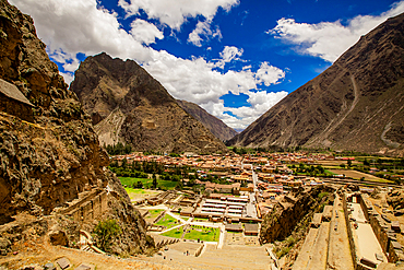 High view of Ollantaytambo, Peru, South America