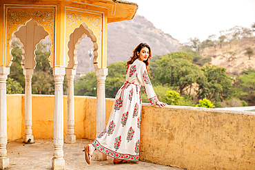 Woman at lookout point, Jaipur, Rajasthan, India, Asia