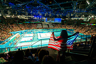 Patriotic American Women cheering on team usa gymnastics at the Paris 2024 Olympics, Bercy Arena, Paris, France, Europe