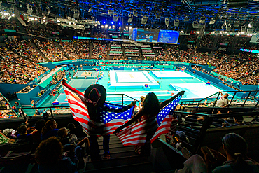 Patriotic American Women cheering on team usa gymnastics at the Paris 2024 Olympics, Bercy Arena, Paris, France, Europe