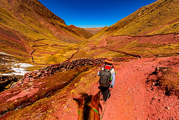 Hiking across the Rainbow Mountain chain in the Andes, Peru, South America