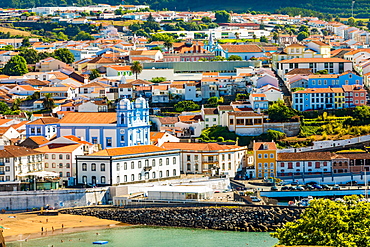 View of houses and buildings in Angra do Heroismo on Terceira Island, one of the Azores Islands, Portugal., Atlantic, Europe