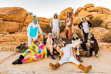 Group of friends in spirit animal onesies celebrating the new year in Joshua Tree, California, United States of America, North America