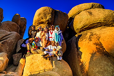 Group of friends in spirit animal onesies celebrating the new year in Joshua Tree, California, United States of America, North America