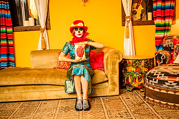 Woman in Dia de los Muertos makeup and costume, Day of the Dead celebration in the desert, California, United States of America, North America