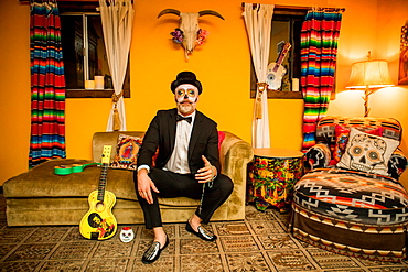 Man in Dia de los Muertos makeup and costume, Day of the Dead celebration in the desert, California, United States of America, North America