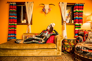 Woman in Dia de los Muertos makeup and costume, Day of the Dead celebration in the desert, California, United States of America, North America