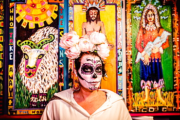 Woman in Dia de los Muertos makeup and costume, Day of the Dead celebration in the desert, California, United States of America, North America