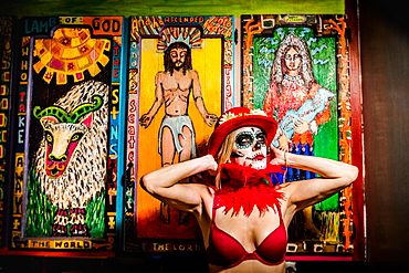 Woman in Dia de los Muertos makeup and costume, Day of the Dead celebration in the desert, California, United States of America, North America