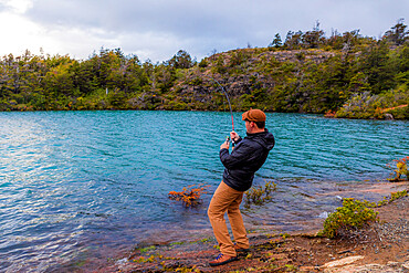 Fishing in Toro Lake, Patagonia, Chile, South America