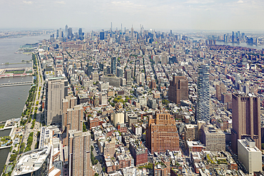 Looking over the length of New York City from the One World Observatory with the Hudson River to the West and Long Island City to the north east, New York City, United States of America, North America