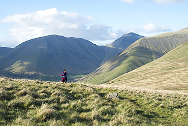 Trekking in the English Lake District in Wasdale with views of Kirk Fell and Great Gable in the distance, Lake District National Park, Cumbria, England, United Kingdom, Euorpe