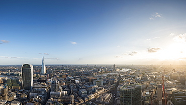 A view of London with 20 Fenchurch Street (The Walkie Talkie) and The Shard most prominent from the rooftop of Tower 42 in the City of London, London, England, United Kingdom, Europe