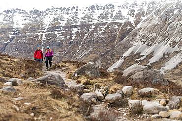 Hiking in the Scottish Highlands in Torridon along The Cape Wrath Trail towards Loch Coire Mhic Fhearchair, Highlands, Scotland, United Kingdom, Europe