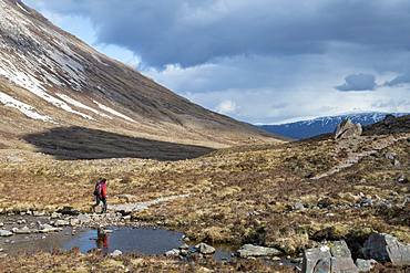 Hiking in the Scottish Highlands in Torridon along The Cape Wrath Trail towards Loch Coire Mhic Fhearchair, Highlands, Scotland, United Kingdom, Europe