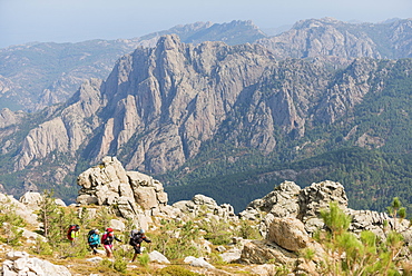 Trekking on the GR20 in Corsica near the Aiguilles de Bavella towards Refuge d'Asinao, Corsica, France, Mediterranean, Europe