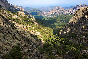 Trekking on the GR20 in Corsica near the Aiguilles de Bavella towards Refuge d'Asinao, Corsica, France, Mediterranean, Europe