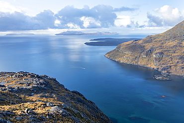 The Isle of Soay seen from the top of Sgurr Na Stri on the Isle of Skye, Inner Hebrides, Scotland, United Kingdom, Europe