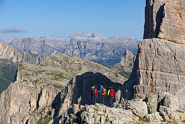 Hiking in typical mountainous terrain of the Dolomites range of the Alps on the Alta Via 1 trekking route near Rifugio Nuvolau, Belluno, Veneto, Italy, Europe