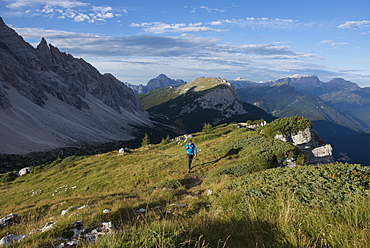 Trekking near Monte Civetta in Dolomites range near Rifugio Tissi along the Alta Via 1 trail, Belluno, Veneto, Italy, Europe