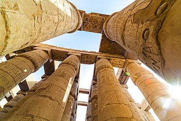 Pillars decorated with Hieroglyphics in the Great Hypostyle Hall at Karnak Temple, Thebes, UNESCO World Heritage Site, Egypt, North Africa, Africa