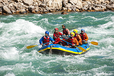 Rafting through white water rapids on the Karnali River in west Nepal, Asia