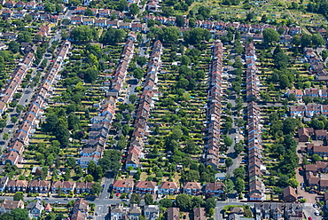 An aerial view of residential streets in London, England, United Kingdom, Europe