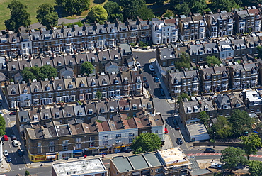 An aerial view of residential streets in London, England, United Kingdom, Europe