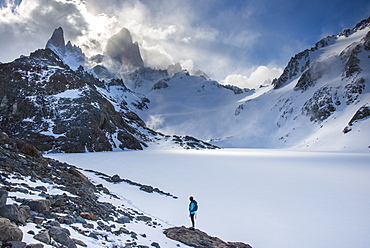 Trekking in El Chalten National Park with views over Laguna Sucia of Mt. Fitzroy and Cerro Torre. Patagonia, Argentina, South America