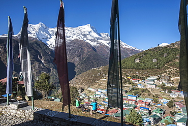 Namche Bazaar is the last town during the trek to Everest Base Camp, seen here with Kongde peak, Khumbu (Everest) Region, Nepal, Himalayas, Asia