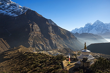 A view from Thame monastery looking down the Thame valley with Thermserku and Kantega peaks in the distance, Khumbu Region, Nepal, Himalayas, Asia