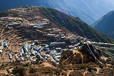 Namche Bazaar, on the way to Everest Base Camp, has grown from a traditional mountain village to a bustling trading hub, Khumbu Region, Nepal, Himalayas, Asia