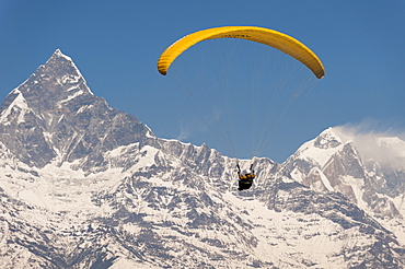 A paraglider carves a turn with views of Machapuchare (Fishtail mountain) in the distance, Nepal, Himalayas, Asia