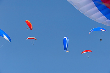 Flying on the thermals, a group of colour coordinated paragliders above Pokhara, Nepal, Asia