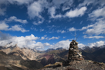 A cairn on top of the Dung Dung La in Ladakh, a remote Himalayan region in north India, Asia